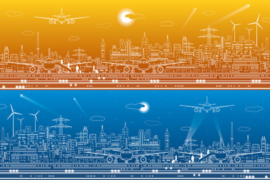 Airport panorama set. Passengers go to the airplane. Aviation travel transportation infrastructure. The plane is on the runway. Night city on background, vector design art