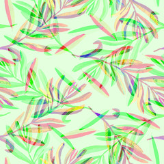 Branches with green and pink leaves, seamless pattern design, hand painted watercolor illustration, soft green background