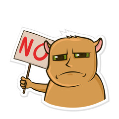 Sticker for messenger with funny animal. Dissatisfied hamster holding a sign with the word no. Isolated vector illustration on white background.
