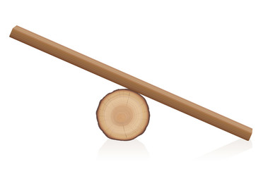 Wooden balance toy. Simple rustic seesaw constructed of a lying tree trunk and a wooden plank - isolated vector illustration on white background.