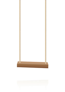 Swing. Simple wooden playground toy, a wooden plank and two ropes - isolated vector illustration on white background.