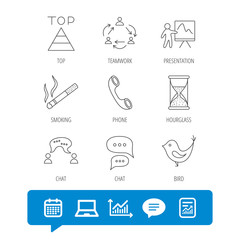 Teamwork, presentation and phone call icons.