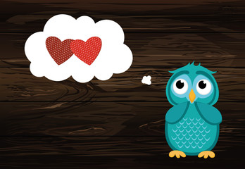 Cute owlet dreams of love. Owl thought. Greeting card for Valent