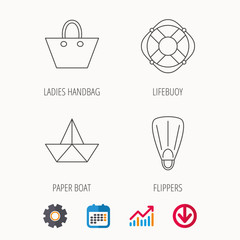 Paper boat, flippers and lifebuoy icons.