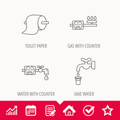 Toilet paper, gas and water counter icons.