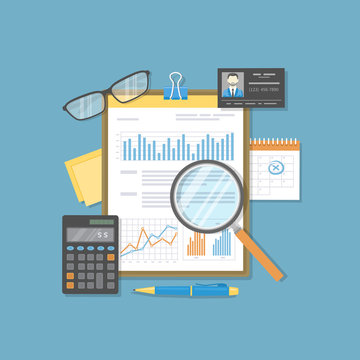Financial document with graphs and charts on clipboard, calculator, glasses, magnifier, calendar, pen, business card. Audit, report, analysis, research, planning accounting, calculation. Vector