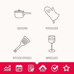 Saucepan, potholder and wineglass icons.