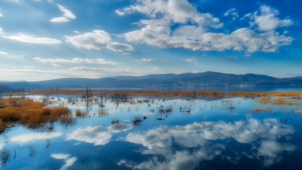 Fototapeta na wymiar reflection of clouds at the wetland of Lake Doriani on a winter day in northern Greece. atmospheric effect