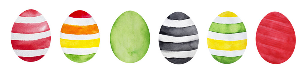 Happy easter eggs, multi colored. Hand drawn water color graphic drawing on white background, cutout clip art objects. Colourful celebration design elements for decoration, seasonal tradition.