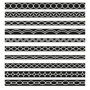 Set of vector borders art dividers in geometrical style. Borders for the text, invitation cards, various printing editions. Seamless horizontal patterns.