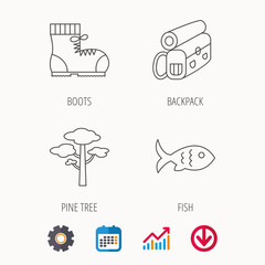 Pine tree, fish and hiking boots icons.