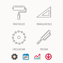 Triangular rule, paint roller and fretsaw icons.