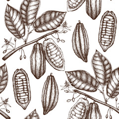 Vector Cocoa tree illustration. Vintage background with hand drawn with leaves, flowres, fruits and beans. Botanical seamless pattern. Aromatical and tonic elements sketch.