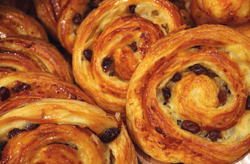 Delectable Lined up Heap of Raisin Cinnamon rolls, Selective Focus and Blurred Background 