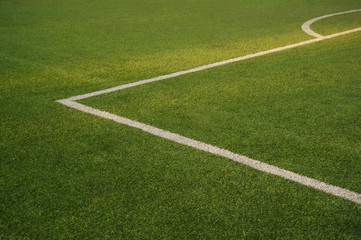 green texture of football or soccer field with white corner line background