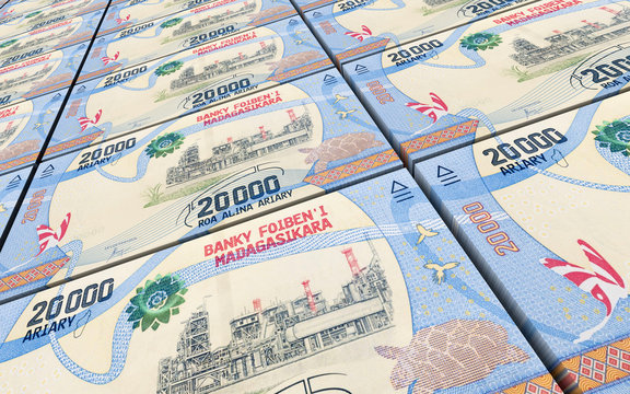 Malagasy ariary bills stacks background. 3D illustration.