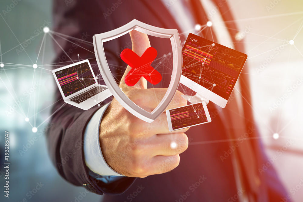 Poster hacked shield symbol surrounded by devices and network displayed on a futuristic interface