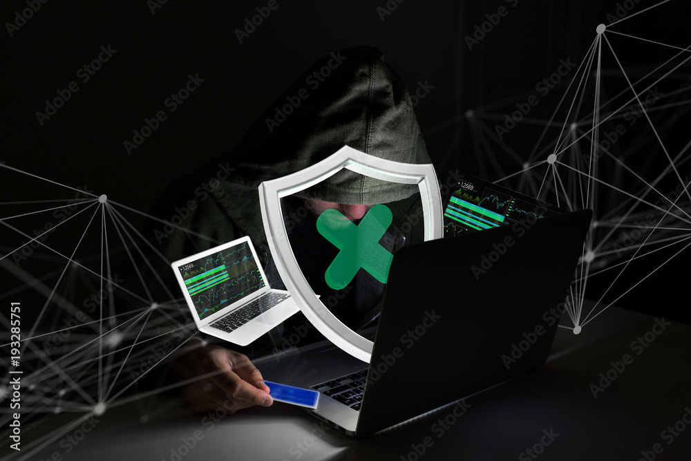 Aufkleber hacker man in the dark using computer to hack data and information system