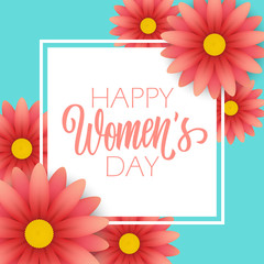 Happy Women's Day greeting card with calligraphic lettering text design and blossom flowers. Creative template for holiday greetings. Vector illustration.