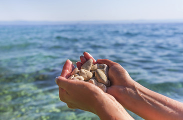 Sea pebbles in the hand.