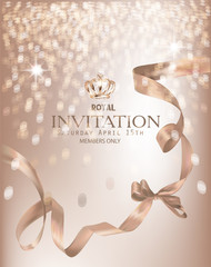 Beige invitation banner with curly silk ribbons and hokeh. Vector illustrationillustration [Converted]