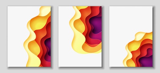 Vertical A4 flyers with 3D abstract background with paper cut shapes. Vector design layout
