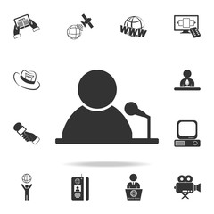 Man standing with podium and microphones icon. Detailed set icons of Media element icon. Premium quality graphic design. One of the collection icons for websites, web design