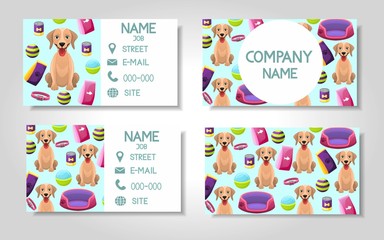 Fototapeta premium Vector modern colorful business card template set with dog and pet store items. Front page and back page template with pet grooming and market items. Vector illustration