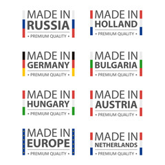 Simple vector logos Made in Germany, Russia, Hungary, Holland, Bulgaria, Austria, Nederland and Made in European Union. Premium quality. Label with flag. Vector illustration.