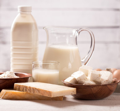 Dairy products on wooden table