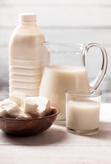 Dairy products on wooden table