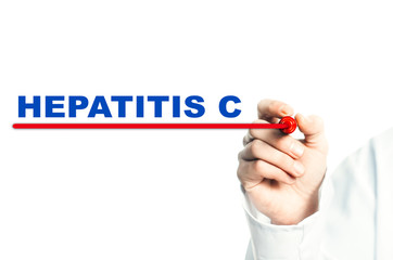 Hand draws a red line marker, emphasizes the important inscription medical HEPATITIS C
