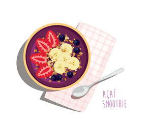 Acai Smoothie Bowl - Acai fruit energy bowl with strawberries, banana and granola topping. Healthy summer meal with napkin and spoon. Top view isolated vector illustration.