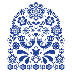 Folk art vector ornament with birds and flowers, Scandinavian navy blue floral pattern
