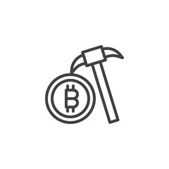 Mining Bitcoin outline icon. linear style sign for mobile concept and web design. Pickaxe and bitcoin coin simple line vector icon. Symbol, logo illustration. Pixel perfect vector graphics