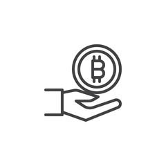 Hand with bitcoin outline icon. linear style sign for mobile concept and web design. bitcoin donation simple line vector icon. Crypto money symbol, logo illustration. Pixel perfect vector graphics