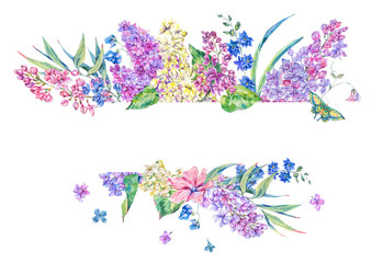 Naklejka na ściany i meble Watercolor floral spring greeting card with lilac