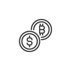 Bitcoin and dollar coins outline icon. linear style sign for mobile concept and web design. Crypto currency exchange simple line vector icon. Symbol, logo illustration. Pixel perfect vector graphics