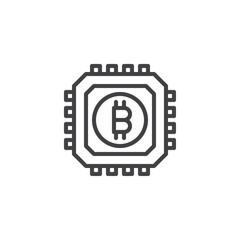 Bitcoin and asic chip outline icon. linear style sign for mobile concept and web design. Cryptocurrency mining hardware simple line vector icon. Symbol, logo illustration. Vector graphics