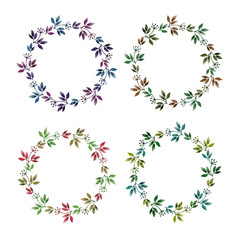 Watercolor hand drawn illustration isolated on white background. Set colorful wreathes with leaves, branches for wedding, greeting cards, save the date invitation, prints, postcards, invitations.