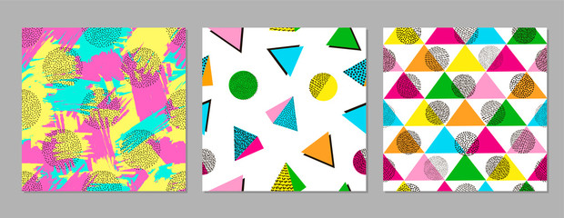 Colorful geometric seamless patterns. Bright backgrounds. Trendy.