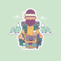 Travel, hiking, backpacking, tourism and people concept. Hiker with backpacks looks to the horizon over mountains background
