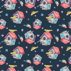 Watercolor seamless pattern with birdhouse