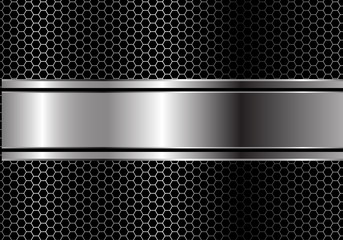 Abstract silver black line banner overlap on metal hexagon mesh design modern luxury futuristic background vector illustration.