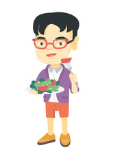 Little asian boy holding fork with tomato and plate with salad. Full length of cheerful boy eating vegetable salad. Vector sketch cartoon illustration isolated on white background.
