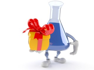 Chemistry flask character holding gift