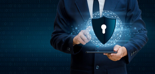 Earth polygon mesh planet World Businessmen shake hands to protect information in cyberspace. Businessman holding shield protect icon protection network security computer and safe your data concept