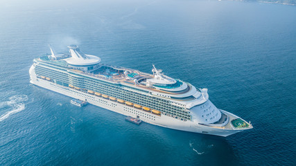 Aerial view beautiful large cruise ship at sea, Big blue passenger cruise ship vessel, Large Cruise...