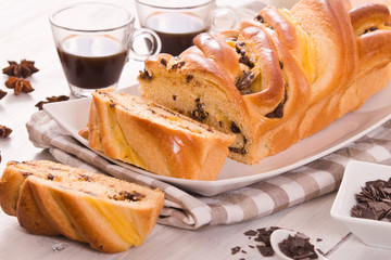 Brioche with chocolate chips. 