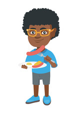Little african boy eating sausage and fried egg for breakfast. Young smiling boy holding fork and plate with sausage and fried egg. Vector sketch cartoon illustration isolated on white background.